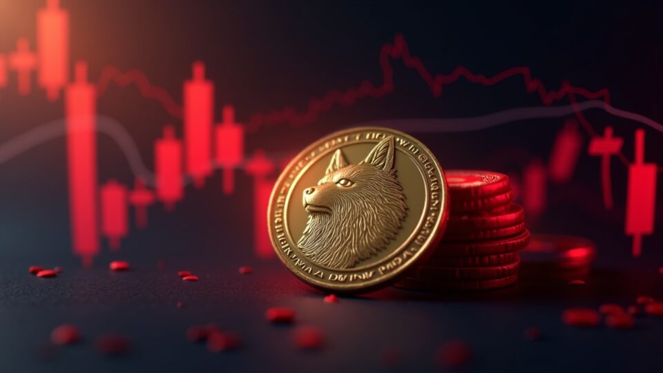 Primer plano fotorrealista de una moneda Dogecoin con un gráfico de cotización en caída por debajo de 0.129 y velas rojas.