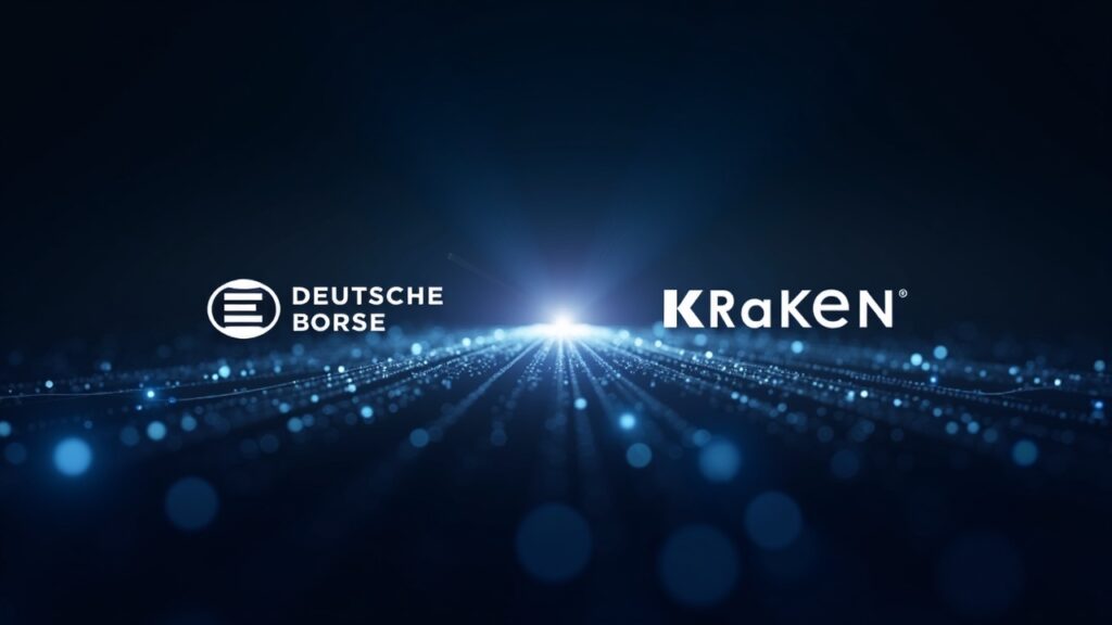Encabezado fotorrealista con los logotipos de Deutsche Börse y Kraken unidos por un puente luminoso sobre una red de mercados digitales.