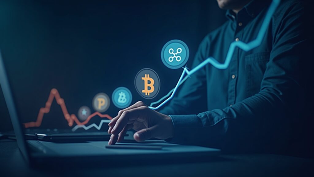 Encabezado fotorrealista con logos de Bitcoin, XRP y Chainlink sobre un gráfico digital ascendente en un estudio de noticias elegante.