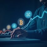 Encabezado fotorrealista con logos de Bitcoin, XRP y Chainlink sobre un gráfico digital ascendente en un estudio de noticias elegante.
