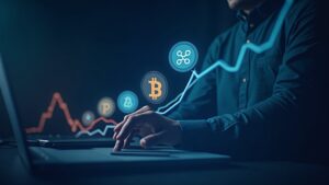 Encabezado fotorrealista con logos de Bitcoin, XRP y Chainlink sobre un gráfico digital ascendente en un estudio de noticias elegante.