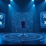 Estudio fotorealista de AMA cripto con un presentador central, micrófono y probabilidades holográficas para BNB, Million y Builder.