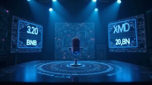 Estudio fotorealista de AMA cripto con un presentador central, micrófono y probabilidades holográficas para BNB, Million y Builder.
