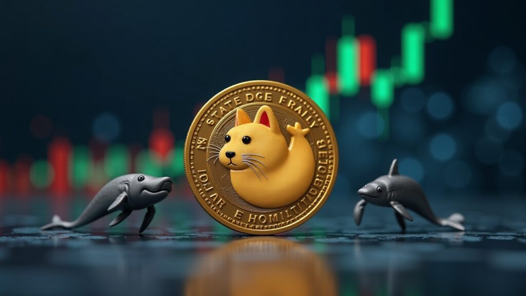 Moneda Dogecoin fotorrealista frente a un gráfico de velas en ascenso con iconos de ballenas desvaneciéndose en un estilo de sala de redacción elegante.