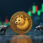 Moneda Dogecoin fotorrealista frente a un gráfico de velas en ascenso con iconos de ballenas desvaneciéndose en un estilo de sala de redacción elegante.