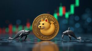 Moneda Dogecoin fotorrealista frente a un gráfico de velas en ascenso con iconos de ballenas desvaneciéndose en un estilo de sala de redacción elegante.