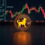 Moneda Dogecoin fotorrealista sobre un gráfico de precios iluminado en una sala de redacción de alta tecnología, que muestra un canal descendente y resistencia de EMA cerca de 0.14.