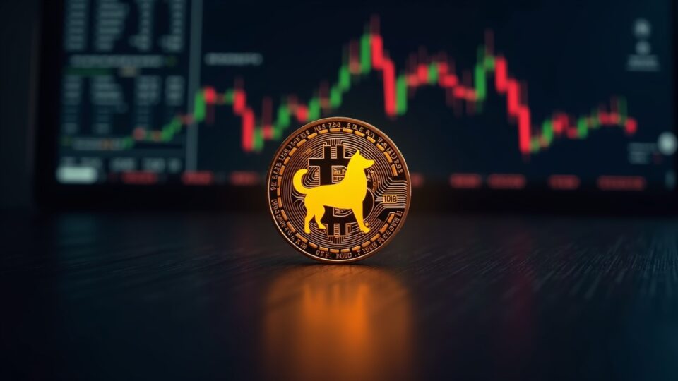 Moneda Dogecoin fotorrealista sobre un gráfico de precios iluminado en una sala de redacción de alta tecnología, que muestra un canal descendente y resistencia de EMA cerca de 0.14.