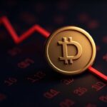 Encabezado fotorrealista: logotipo de Dogecoin cayendo con una línea de tendencia roja sobre un fondo binario, señalando la venta de fin de año.