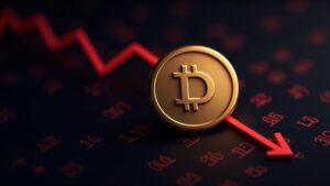 Encabezado fotorrealista: logotipo de Dogecoin cayendo con una línea de tendencia roja sobre un fondo binario, señalando la venta de fin de año.