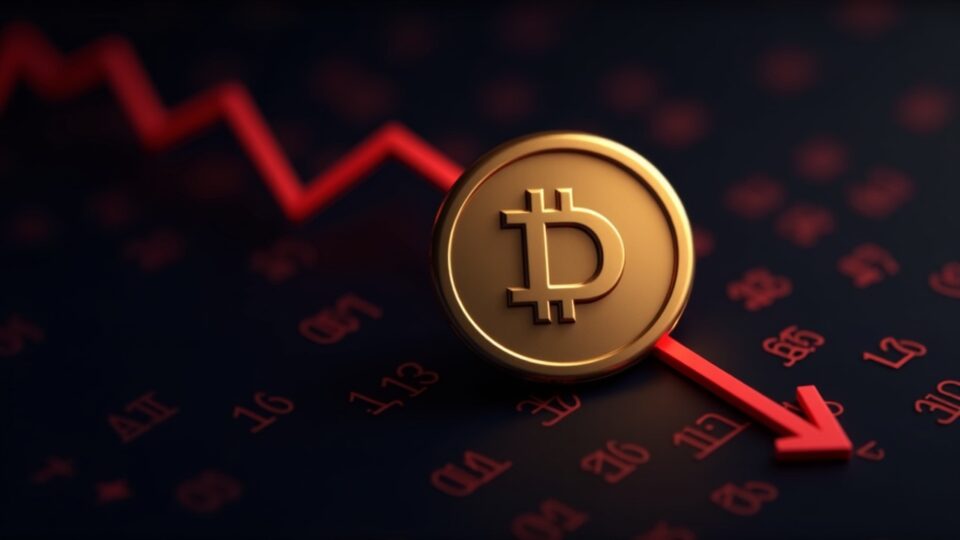 Encabezado fotorrealista: logotipo de Dogecoin cayendo con una línea de tendencia roja sobre un fondo binario, señalando la venta de fin de año.