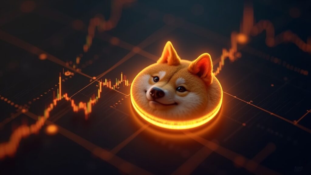 Moneda Dogecoin fotorrealista superando un gráfico cripto ascendente con un fondo de sala de redacción