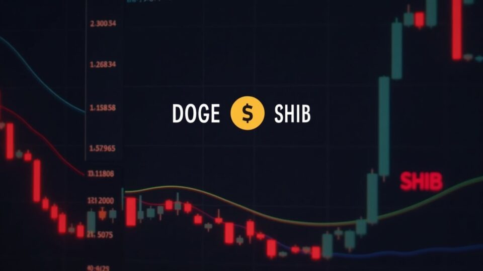 Escritorio de trading fotorrealista con los logotipos de DOGE y SHIB sobre un gráfico de precios que rompe un soporte clave, con velas rojas.
