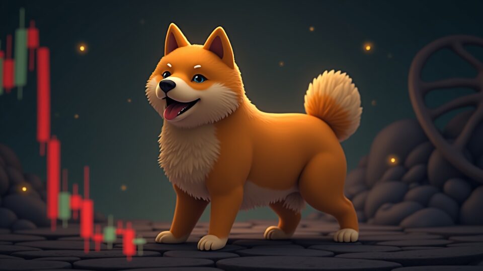 La línea de precio de Dogecoin brilla cerca de un soporte clave en una moderna sala de prensa cripto, señalando un riesgo cauteloso tras el alivio de la Fed.