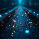 Centro de datos fotorrealista en Wall Street con raíles de blockchain y dólares tokenizados entre instituciones para liquidación instantánea.