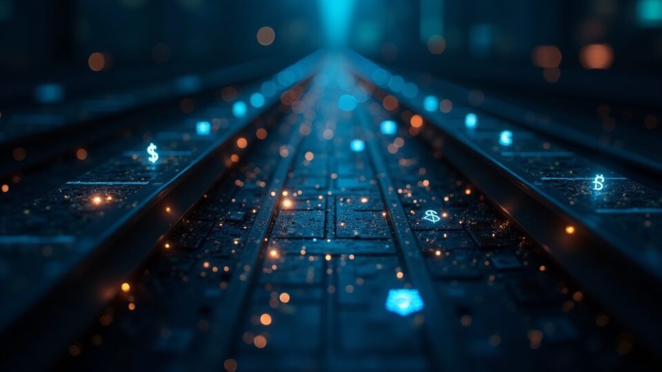 Centro de datos fotorrealista en Wall Street con raíles de blockchain y dólares tokenizados entre instituciones para liquidación instantánea.