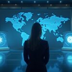 Regulador fotorrealista en una sala de redacción elegante con hologramas cripto y balanzas, simbolizando la regulación SEC-CFTC.