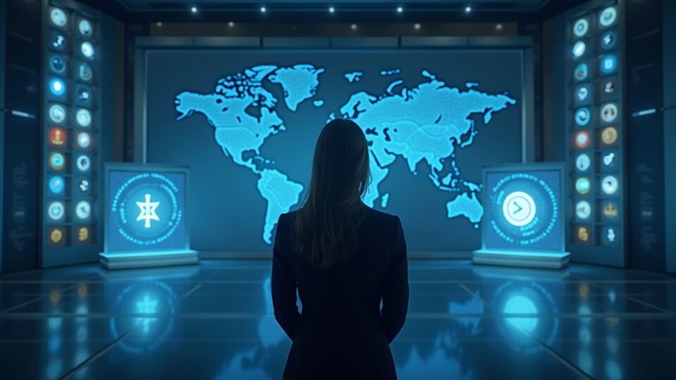 Regulador fotorrealista en una sala de redacción elegante con hologramas cripto y balanzas, simbolizando la regulación SEC-CFTC.