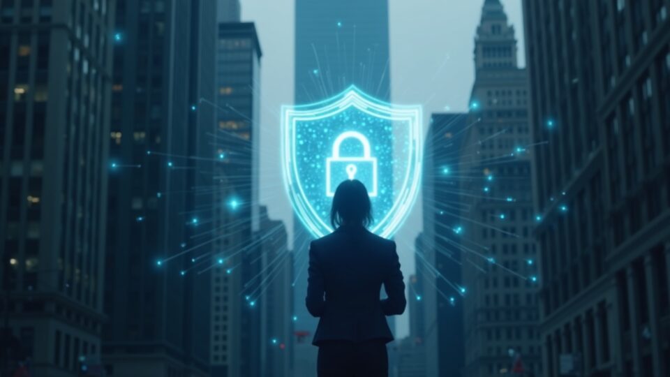 Un profesional estudia un holograma brillante de Canton Network con un escudo de privacidad frente a un horizonte de Wall Street atenuado