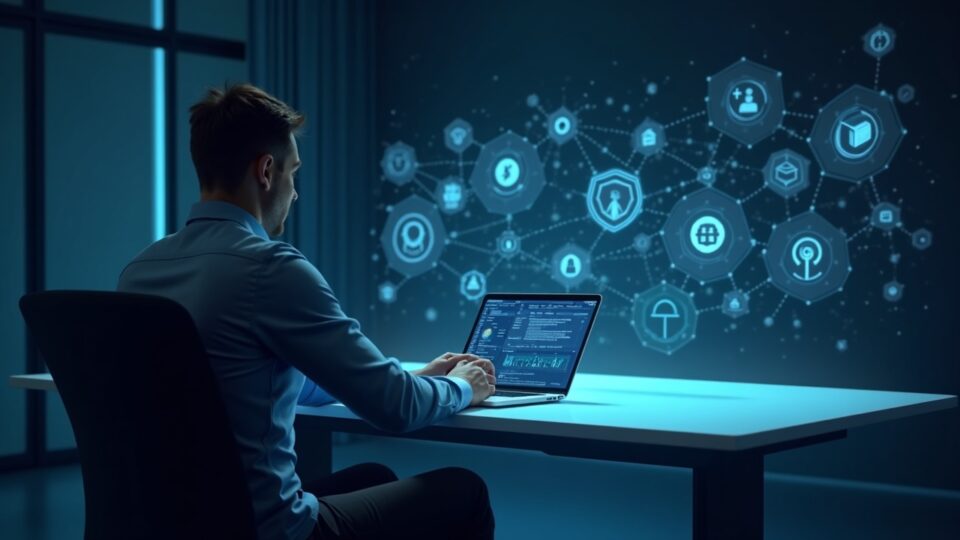 Profesional financiero en un escritorio elegante con nodos de blockchain holográficos y gráficos de valores tokenizados.