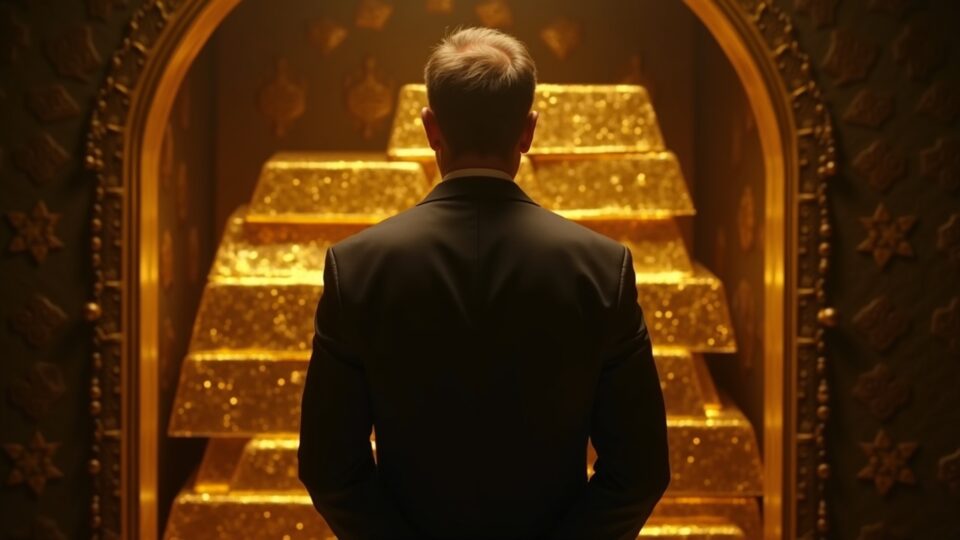 Encabezado fotorrealista: ejecutivo con traje junto a lingotes de oro en una cámara acorazada con una sutil superposición de blockchain