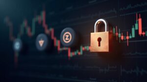 Los logotipos de Zcash, Monero y Dash se desvanecen sobre un gráfico cripto a la baja con una superposición de un candado regulatorio.