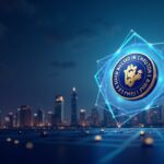 Encabezado fotorrealista con el logotipo central del token SUI, documentos de la SEC, el icono de Coinbase Custody y un paisaje urbano futurista.