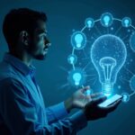 Profesional financiero fotorrealista revisa una pantalla holográfica de agentes de IA y una red DePIN que simboliza un fondo de $300M.