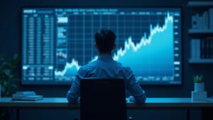 Comerciante de criptomonedas fotorrealista en una sala de control iluminada en azul observa a ETH cerca de 3k en un gráfico holográfico con un resplandor que simboliza la salida de ETF.