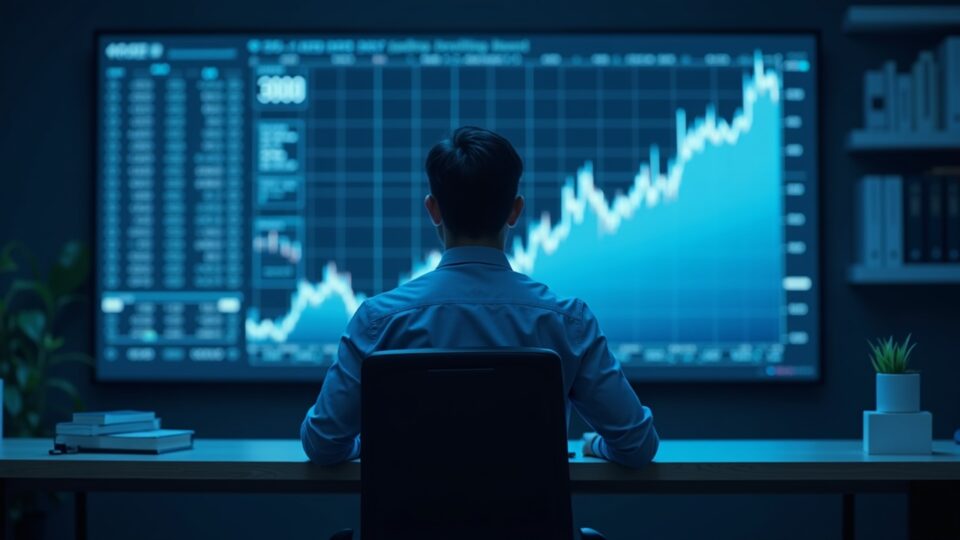 Comerciante de criptomonedas fotorrealista en una sala de control iluminada en azul observa a ETH cerca de 3k en un gráfico holográfico con un resplandor que simboliza la salida de ETF.