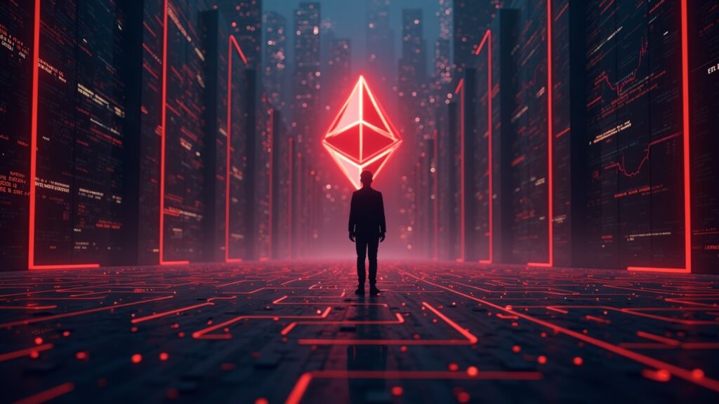 La silueta de un inversor institucional frente a los logotipos de Ethereum y Bitcoin mientras las salidas de ETH, en rojo, se dirigen hacia un laberinto regulatorio.