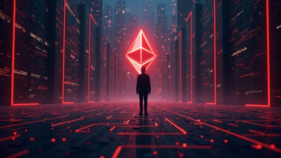 La silueta de un inversor institucional frente a los logotipos de Ethereum y Bitcoin mientras las salidas de ETH, en rojo, se dirigen hacia un laberinto regulatorio.