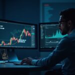 Toma fotorealista en plano central de un operador de criptomonedas frente a una pantalla que muestra la caída de USDe mientras USDC/USDT suben, con una superposición de escala regulatoria en una sala de prensa.
