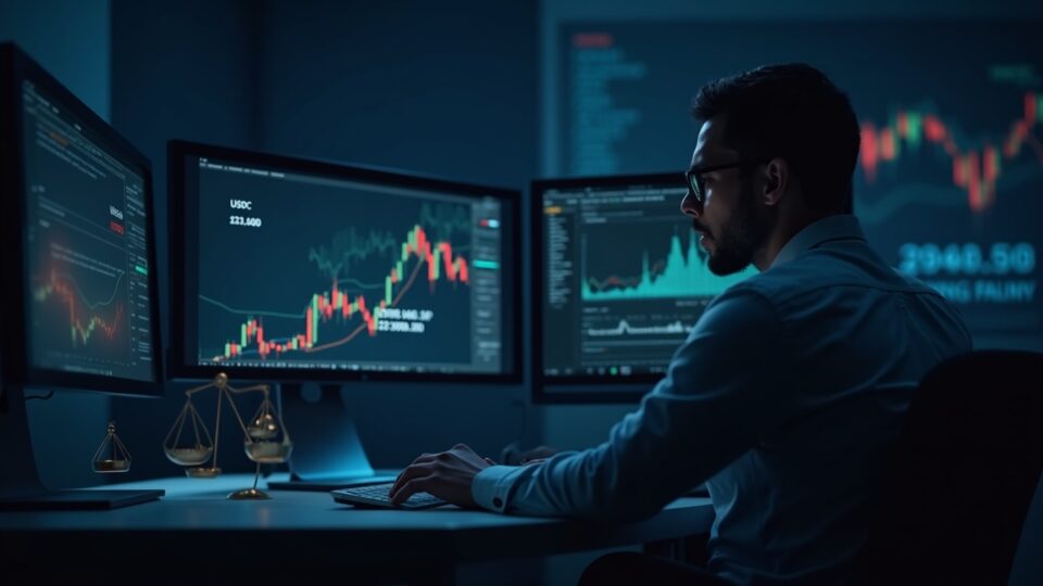 Toma fotorealista en plano central de un operador de criptomonedas frente a una pantalla que muestra la caída de USDe mientras USDC/USDT suben, con una superposición de escala regulatoria en una sala de prensa.