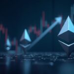 Sala de prensa cripto fotorrealista con los logotipos de Ether y XRP, flechas y un gráfico de mercado que ilustra los flujos de ETF.
