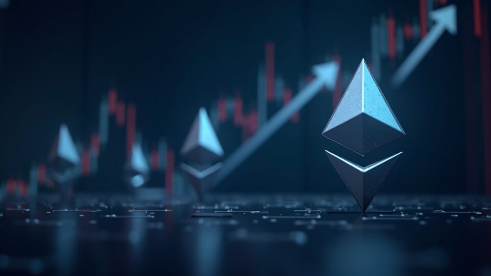 Sala de prensa cripto fotorrealista con los logotipos de Ether y XRP, flechas y un gráfico de mercado que ilustra los flujos de ETF.