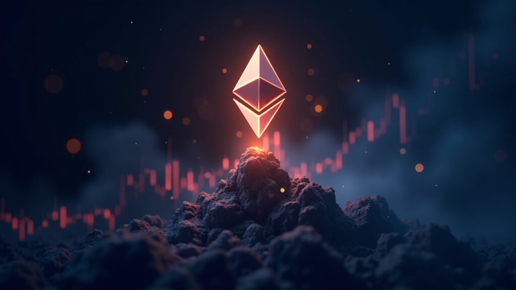 Encabezado fotorrealista que muestra un logotipo brillante de Ethereum elevándose sobre un gráfico de precios dinámico con iconos de ETF y de actualizaciones Layer-2