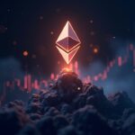 Encabezado fotorrealista que muestra un logotipo brillante de Ethereum elevándose sobre un gráfico de precios dinámico con iconos de ETF y de actualizaciones Layer-2
