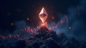 Encabezado fotorrealista que muestra un logotipo brillante de Ethereum elevándose sobre un gráfico de precios dinámico con iconos de ETF y de actualizaciones Layer-2