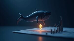 Silueta fotorrealista de una ballena sobre un logotipo de Ethereum brillante, con un libro de órdenes y barras de apalancamiento en aumento.