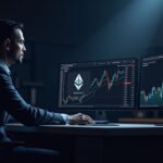 Trader fotorrealista en un escritorio elegante con un logotipo de Ethereum en un monitor que muestra “Servicio no disponible” y gráficos bajistas rojos.
