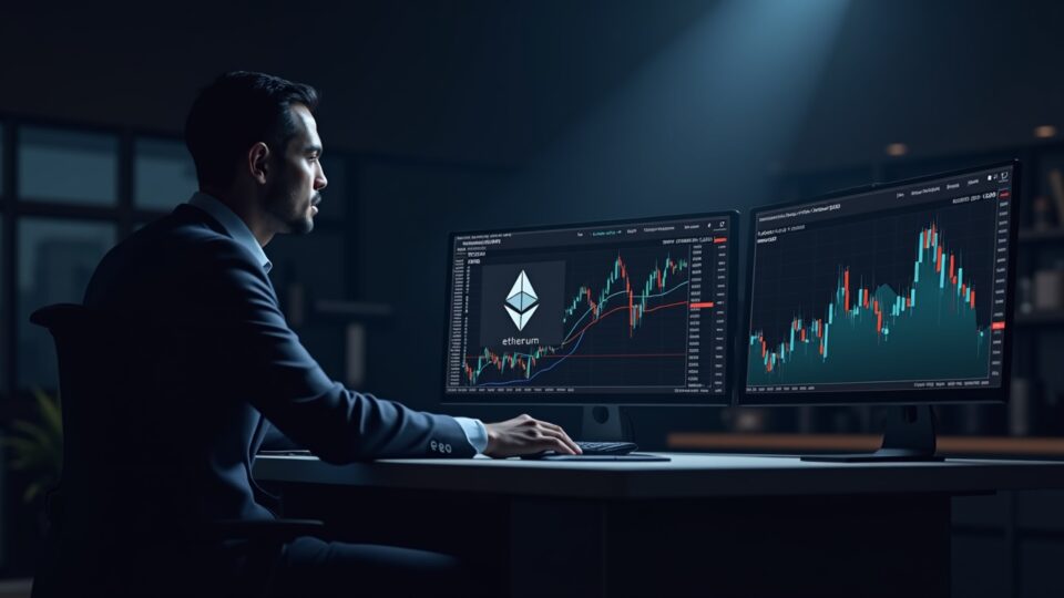 Trader fotorrealista en un escritorio elegante con un logotipo de Ethereum en un monitor que muestra “Servicio no disponible” y gráficos bajistas rojos.