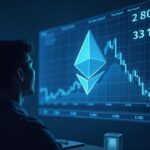 Analista observando un gráfico holográfico del precio de Ethereum que muestra 2,800-3,400 con el símbolo de Fusaka y motivos de descentralización.