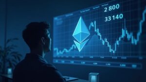 Analista observando un gráfico holográfico del precio de Ethereum que muestra 2,800-3,400 con el símbolo de Fusaka y motivos de descentralización.