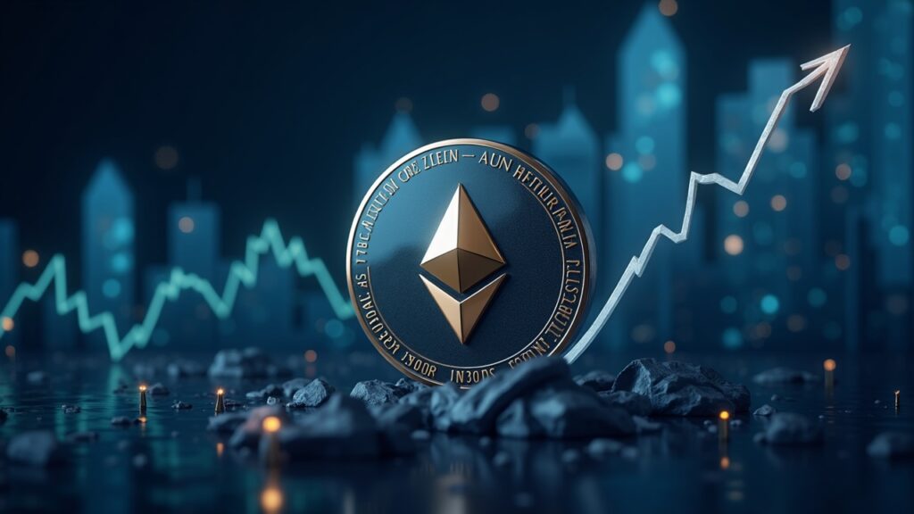 Moneda de Ethereum fotorrealista con flechas ascendentes y tickers de ETF sobre un elegante fondo de centro financiero.