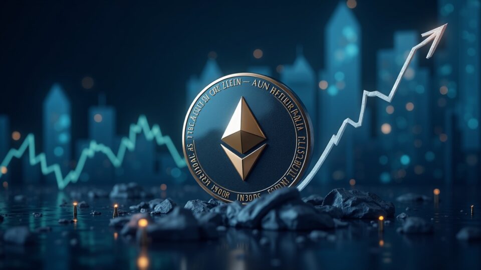 Moneda de Ethereum fotorrealista con flechas ascendentes y tickers de ETF sobre un elegante fondo de centro financiero.