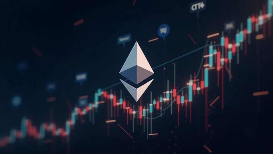 Logotipo fotorrealista de Ethereum sobre un gráfico de precios en alza con hologramas de pronóstico de IA y una insignia de actualización Fusaka.