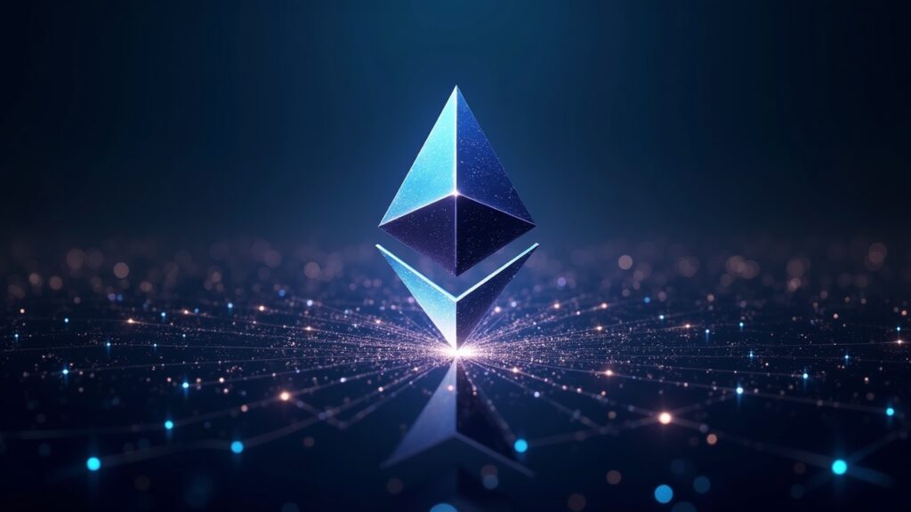 Fotorrealista encabezado de Ethereum: logotipo en el centro, contratos fluyen desde redes Layer-2 hacia una ciudad luminosa.