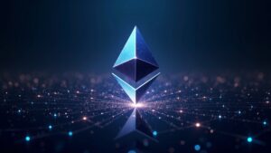 Fotorrealista encabezado de Ethereum: logotipo en el centro, contratos fluyen desde redes Layer-2 hacia una ciudad luminosa.