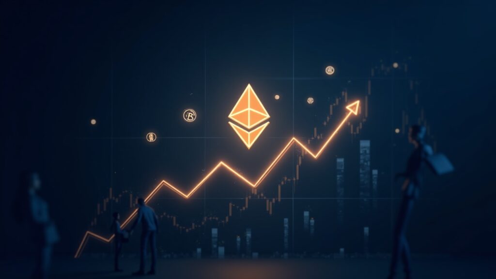 Encabezado fotorrealista: logotipo de Ethereum brillante sobre un gráfico ascendente con siluetas de inversores y tokens flotando.